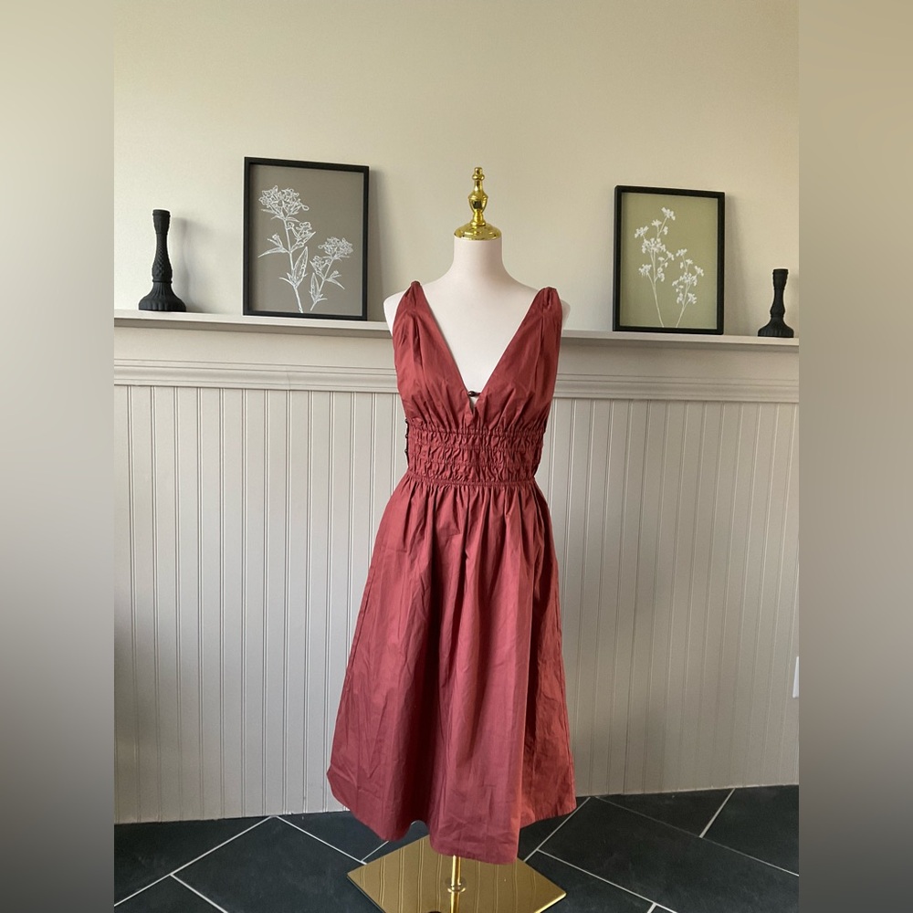 Steve Madden Rust Red Midi Dress with Smocked Waist